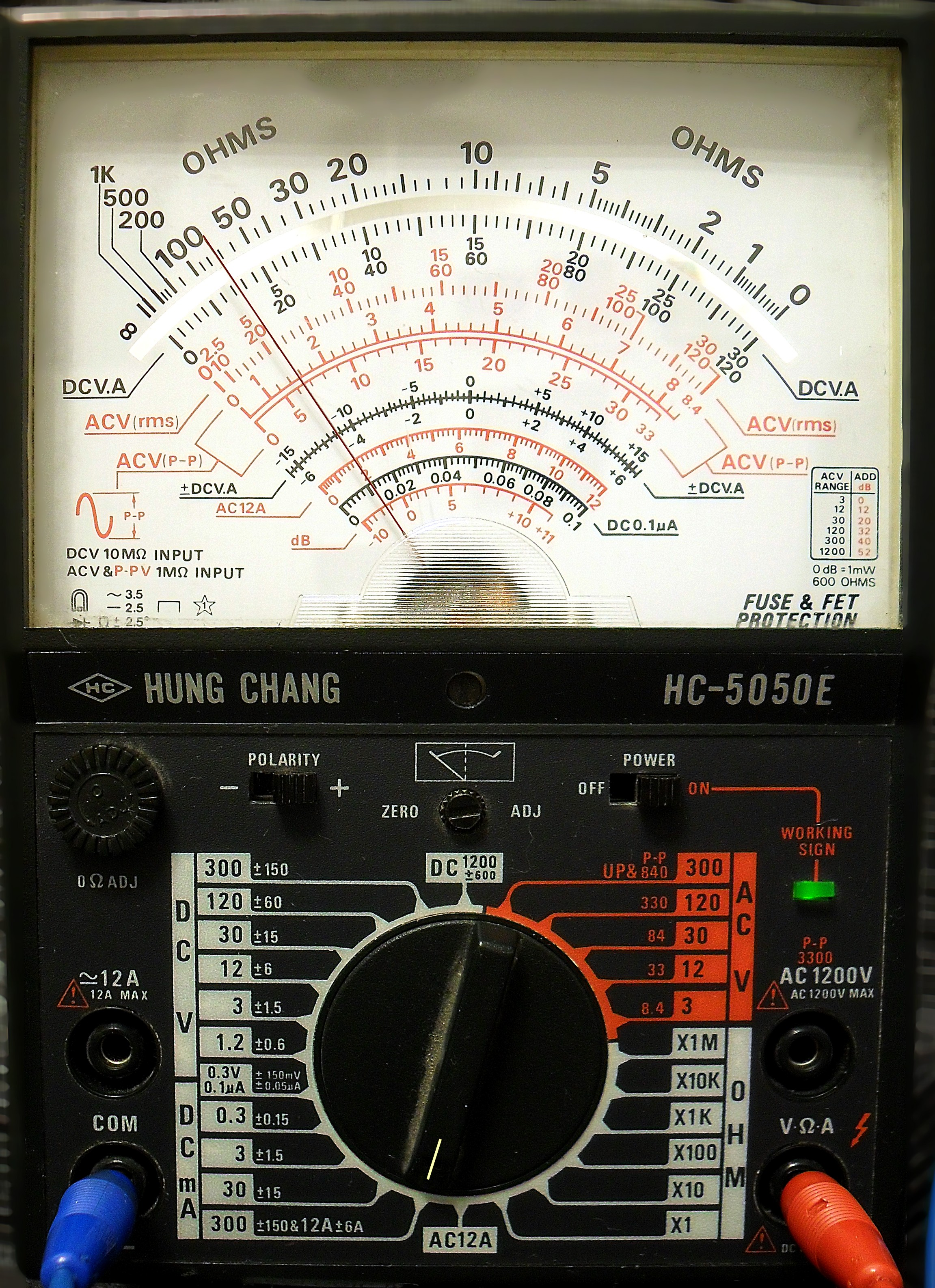 Dieser Alt-Text wurde noch nicht überprüft.
<ol>
<li>
<p>Zusammenfassung: Nahaufnahme eines analogen Multimeters mit großer Zeigerskala, zentralem Drehschalter und eingesteckten Messleitungen.</p>
</li>
<li>
<p>Detaillierte Beschreibung: Das Bild zeigt die Front eines Messgeräts „HUNG CHANG HC-5050E“. Oben dominiert eine große, halbkreisförmige Skala mit mehreren übereinanderliegenden Teilungen; außen sind „OHMS“-Markierungen, darunter rote und schwarze Skalen für DCV.A, ACV (rms), ACV (P‑P), dB und weitere Bereiche zu sehen. Ein Spiegelstreifen unter der Skala dient zur Parallaxekorrektur; der Zeiger ist sichtbar. Darunter befinden sich Bedienfelder mit Aufdrucken und Schaltern: links ein geriffelter „0Ω ADJ“-Knopf und ein kleiner Schiebeschalter „POLARITY“, mittig ein „ZERO/ADJ“-Regler, rechts ein Kippschalter „POWER“ auf „ON“ sowie eine leuchtende grüne Kontroll-LED mit der Beschriftung „WORKING SIGN“. Im unteren Bereich sitzt ein großer, schwarzer Drehwahlschalter, umgeben von weißen und orangenen Bereichsangaben für Gleich- und Wechselspannung, Gleichstrom und Widerstand (z. B. 300, 120, 30, 12, 3 sowie X1, X10, X100, X1K, X10K, X100K). Links unten sind zwei Buchsen mit Beschriftung „12A“ und „COM“, rechts unten eine Buchse „V·Ω·A“; in „COM“ steckt ein blaues Kabel, in „V·Ω·A“ ein rotes Kabel. Zahlreiche Skalen- und Bereichsangaben sind fein bedruckt; das Gehäuse ist dunkel und zeigt leichte Gebrauchsspuren."></p>
 <figcaption>Abbildung NEA-6.12.1: Hier ist der Messbereich $300&nbsp;mA$ eingestellt. Das Gerät zeigt etwa $37&nbsp;mA$ an.</figcaption>
</li>
</ol>
</figure>
</aside>
<aside class=